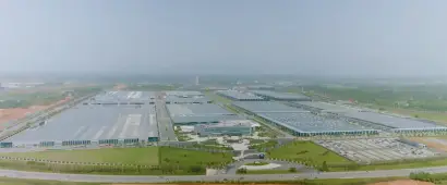 A drone shot of the Jinko Solar factory.